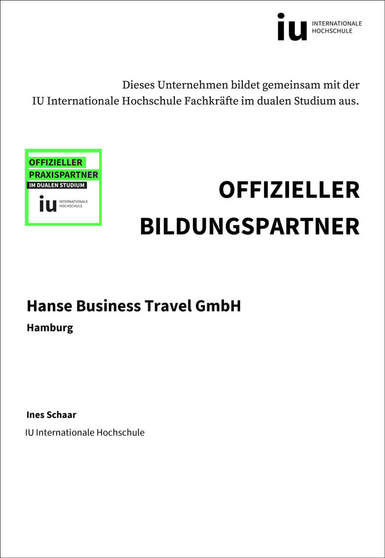 hanse business travel urkunde bildungspartner iu internationale hochschule